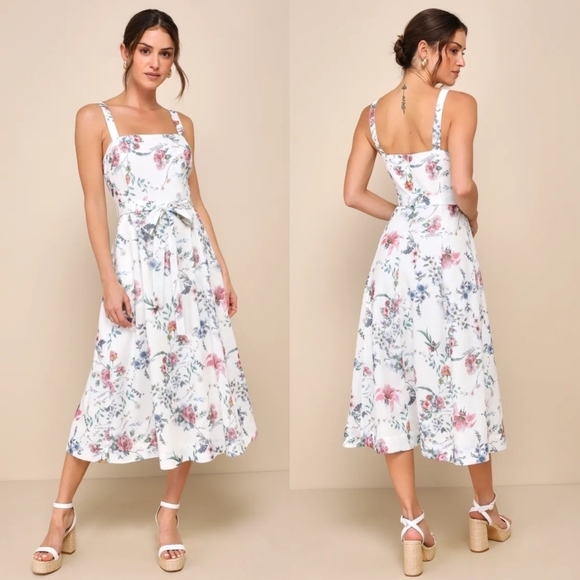 Lulus Dresses & Skirts - Lulus Sunny Posture Ivory Floral Sleeveless Midi Dress S Wedding Party Vacation